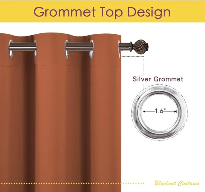 NICETOWN Thermal Insulated Burnt Orange Blackout Curtains for Bedroom, Window Treatment Solid Grommet Room Darkening Drape Panels for Bedroom (Set of 2, 70 by 63 inches Long)