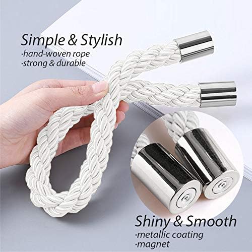 NICEEC 4 Pack Strong Magnetic Curtain Tiebacks Modern Simple Style Drape Tie Backs Convenient Decorative Weave Rope Curtain Holdbacks for Thin or Thick Home & Office Window Draperies (Silver White)