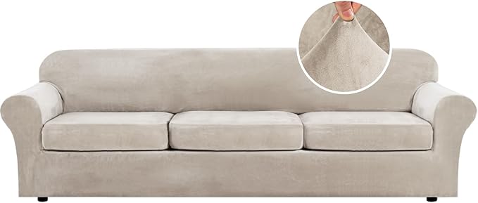 H.VERSAILTEX Modern Velvet Plush 4 Piece High Stretch Sofa Slipcover Furniture Protector Form Fit Velvet Extra Large Sofa Cover for 3 Cushion Couch Width Up to 105 Inch (XL Sofa, French Oak)