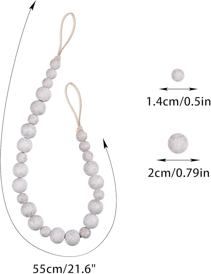 OCIOLI 2 Pieces Wood Bead Curtain Tieback Boho Curtain Tiebacks Curtain Holdbacks for Wall Curtain Ties Window Treatment Curtain Tie Backs with Hooks Curtain Pull Backs (Whitewashed Color, 2) (C-1)