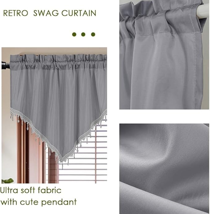 Molaxhome Swag Curtain 51 inch Length Rod Pocket Scalloped Curtain Valance Sheer Lace Panels with Hanging Crystal Beads for Kitchen Bedroom Window Treatments Drape Decor 1pc (Cloth Grey, 51Wx23L)