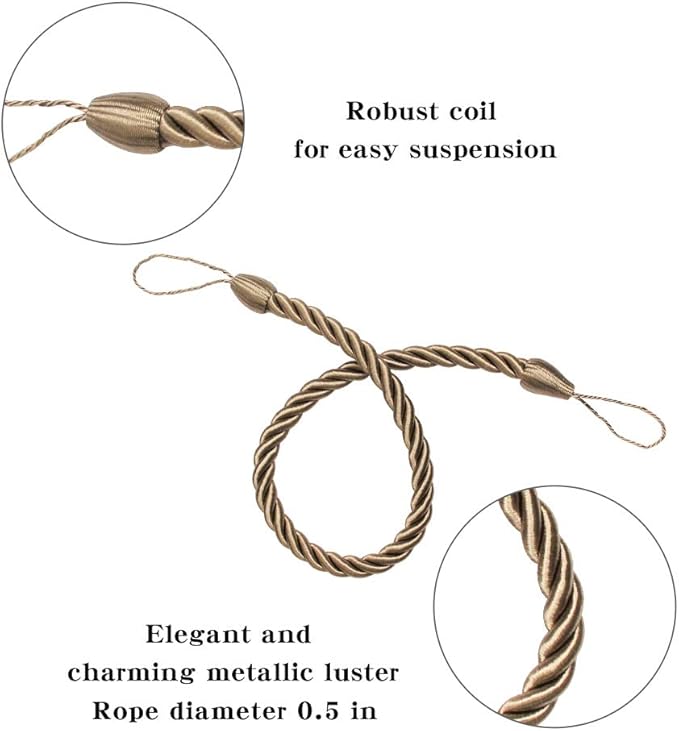 BEL AVENIR Curtain Handmade Tiebacks Ropes, Holdbacks with 2 Metal Screw Hooks - Flaxen 2 Pack
