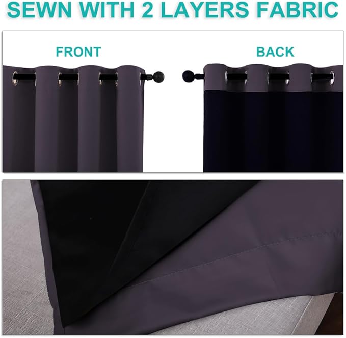 NICETOWN 100% Blackout Short Curtains with Black Liners, 2 Panels, 37" W by 60" L, Greyish Purple, Thermal Insulated Full Blackout 2-Layer Lined Drapes, Energy Efficiency Window Drapes for Bedroom