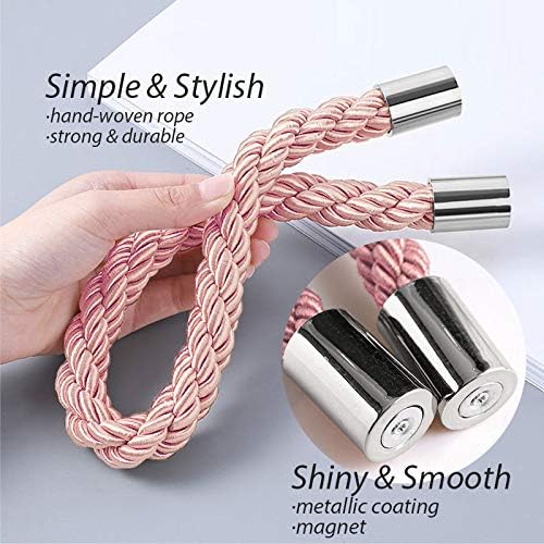 NICEEC 2 Pack Strong Magnetic Curtain Tiebacks Modern Simple Style Drape Tie Backs Convenient Decorative Weave Rope Curtain Holdbacks for Thin or Thick Home & Office Window Draperies (Pink)