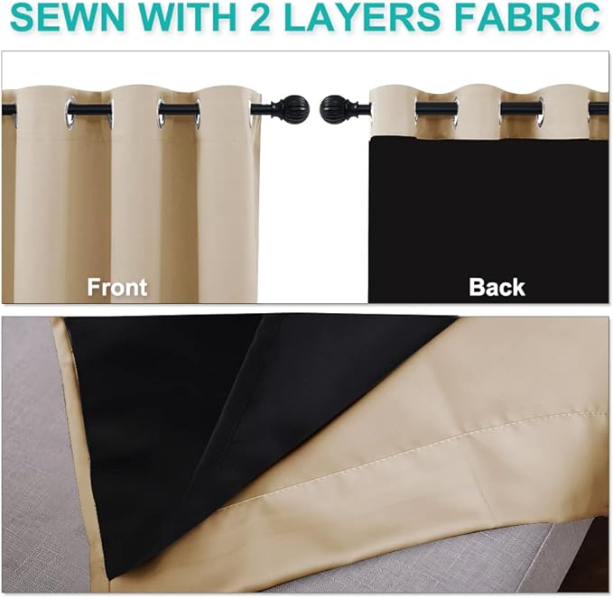 NICETOWN Extra Long Truly Blackout Drapes for Hall and Villa, 46" Width Each Panel, 45" Length, Biscotti Beige, 2 Pieces, 100% Blackout Window Curtain Panels with Black Lined for Night Shift Worker