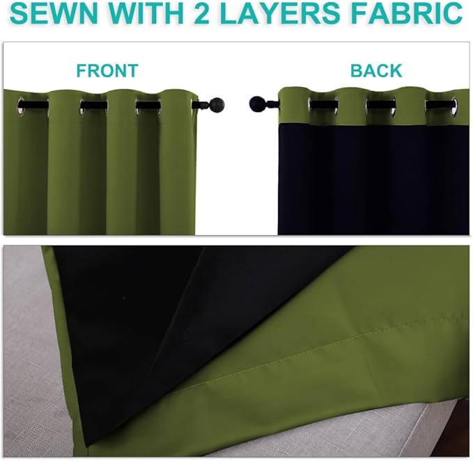 NICETOWN 100% Blackout Lined Curtains, Olive Green, 1 Pair, 42" Width x 63" Length Each Panel, 2 Thick Layers Completely Blackout Window Treatment Panels Thermal Insulated Drapes for Kitchen