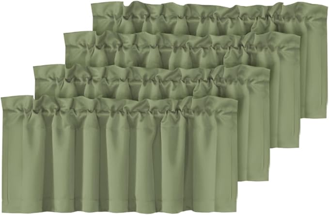 H.VERSAILTEX Blackout Sage Green Curtains Valances for Windows,Kitchen Valance Curtains for Living Room/Bedroom/Bathroom/Basement Privacy Rod Pocket, 4 Panels 52" W x 18，Sage