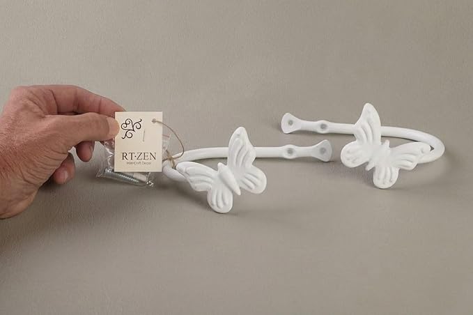 RTZEN Decorative Metal Curtain Tiebacks - Farmhouse Wrought Iron Curtain Holdbacks - Drapery Holders for Wall - Unique Metal Tie Backs for Curtains - 2 Pcs (White Butterfly)