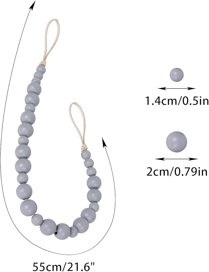 OCIOLI 2 Pack Wood Bead Curtain Tieback Boho Curtain Tiebacks Curtain Holdbacks for Wall Curtain Ties Curtain Tie Backs with Hooks for Boho Decor Bedroom Decor Nursery Decor (Grey, 2)