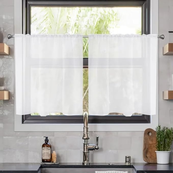 youleyar Solid Sheer Rod Pocket Curtain Voile Draperies 2 Panels White Beige Black Grey Coffee 26 Inch Width 30 Inch Long 1 Pair for Kitchen Bedroom Children Living Room Yard(White,26Wｘ30L)