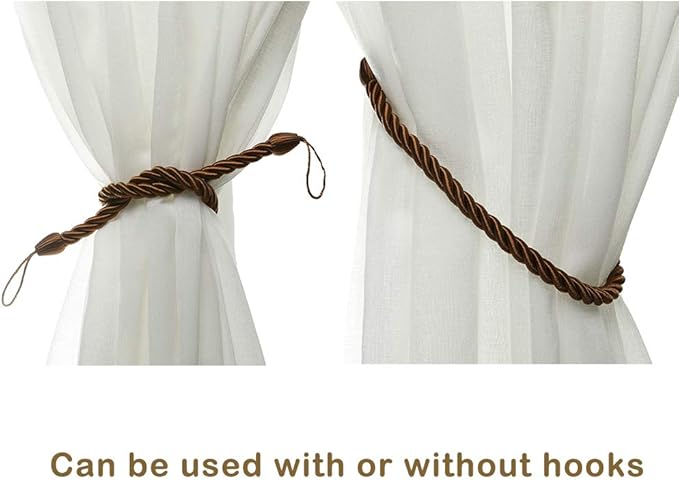 BEL AVENIR Curtain Rope Tiebacks, Drapery Rope Holdbacks with 4 Metal Screw Hooks (Coffee, 4pack)