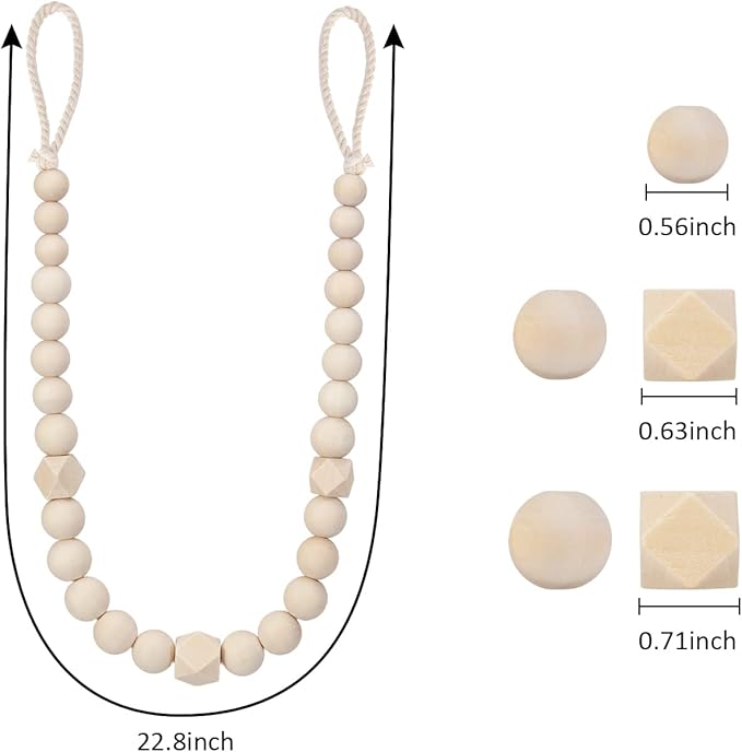 Wood Bead Curtain Tiebacks, KLOGTSIND Set of 4 Curtain Holdbacks for Thin or Thick Window Draperies, Boho Farmhouse Curtain Tiebacks with Hooks, Curtain Tie Backs for Home Office Room Decor