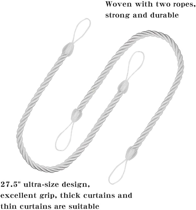 BEL AVENIR Curtain Ropes Tiebacks Tie-Backs, Curtain Handmade Holdbacks with 2 Metal Screw Hooks - White 2 Pack