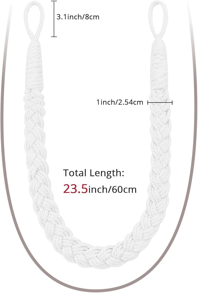 NICEEC 4 Pack Natural Cotton Rope Curtain Tiebacks Elegant Boho Style Decorative Drape Tie Backs Soft Hand-Woven Rope Curtain Holdbacks with Metal Hook for Home & Office Drapery (White)