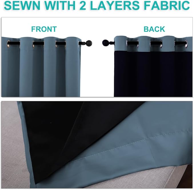 NICETOWN 100% Blackout Short Curtains with Black Liners, 2 Panels, 37" W by 40" L, Smoky Blue, Solid Thermal Insulated Full Blackout 2-Layer Lined Drapes, Energy Efficiency Window Drapes for Bedroom
