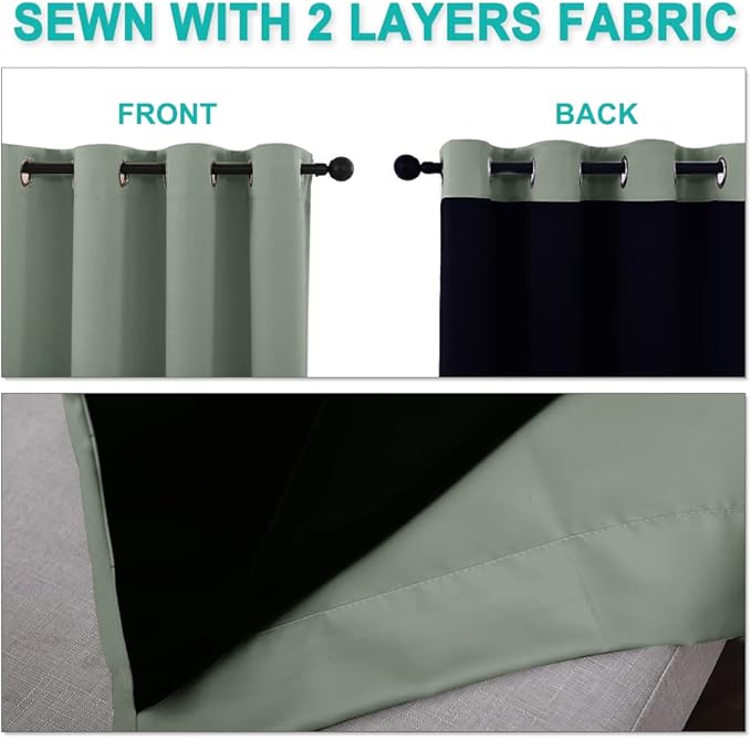 NICETOWN Greyish Green 100% Blackout Lined Curtains, 2 Thick Layers Completely Blackout Window Treatment Thermal Insulated Drapes for Kitchen/Bedroom (1 Pair, 70" Width x 63" Length Each Panel)