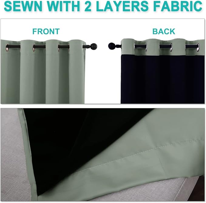NICETOWN 100% Blackout Window Curtain Panels, Full Light Blocking Drapes with Black Liner for Nursery, 72-inch Drop Thermal Insulated Draperies (Greyish Green, 2 Pieces, 52-inch Wide Per Panel)