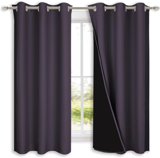NICETOWN 100% Blackout Short Curtains with Black Liners, 2 Panels, 37" W by 50" L, Greyish Purple, Thermal Insulated Full Blackout 2-Layer Lined Drapes, Energy Efficiency Window Drapes for Bedroom