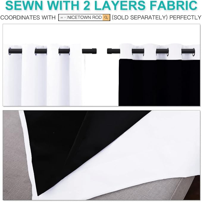 NICETOWN White 100% Blackout Lined Curtains, 2 Thick Layers Completely Blackout Window Treatment Thermal Insulated Drapes for Kitchen/Bedroom (1 Pair, 52 inches Width x 63 inches Length Each Panel)