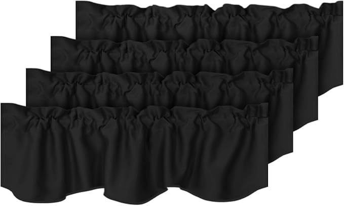 H.VERSAILTEX 4 Panels Blackout Curtain Valances for Kitchen Windows/Living Room/Bathroom Privacy Protection Rod Pocket Decoration Scalloped Window Valance Curtains, 52" W x 18" L, Black