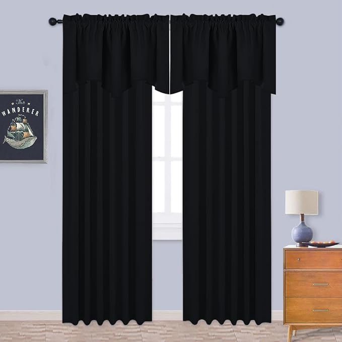 NICETOWN Black Valances for Windows - Energy Efficient Small Short Tiers Scalloped Valance Blackout Curtain Drapes for Dining Room/Living Room/Bathroom/Cafe Window, Set of 2, W52 x L18