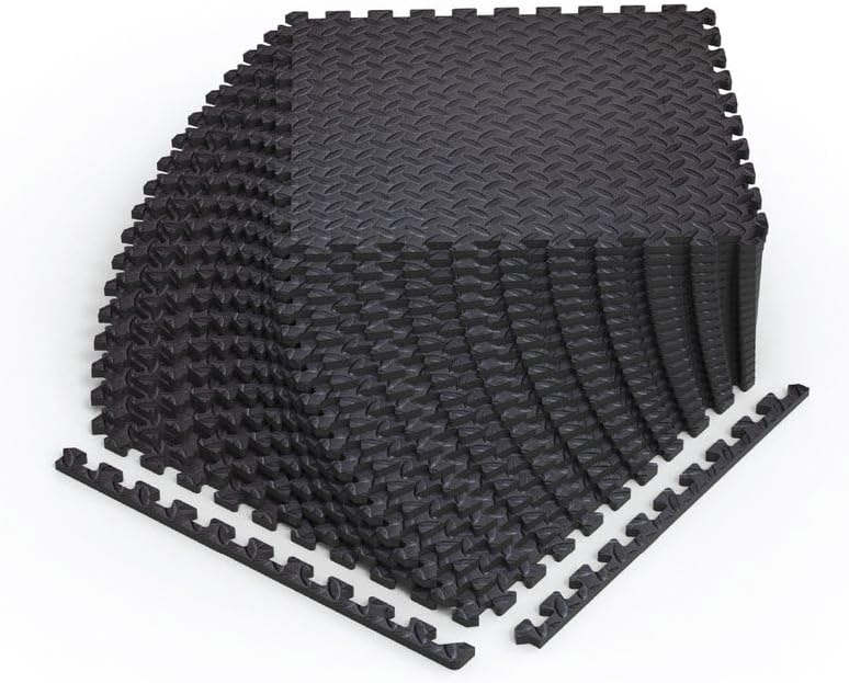 Norsk Foam Floor Gym Mats with Interlocking Tiles, .47" Thick, 24"x24", 54-Pack, 216 Square Feet, Diamond Plate Design, Black