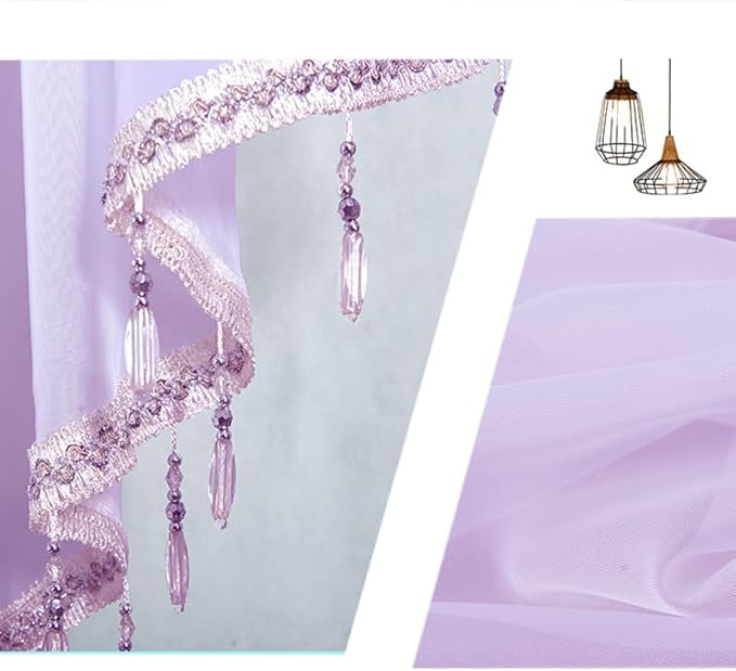 Molaxhome Swag Curtain 51 inch Length Rod Pocket Scalloped Curtain Valance Sheer Lace Panels with Hanging Crystal Beads for Kitchen Bedroom Window Treatments Drape Decor 1pc (Purple, 51Wx23L)