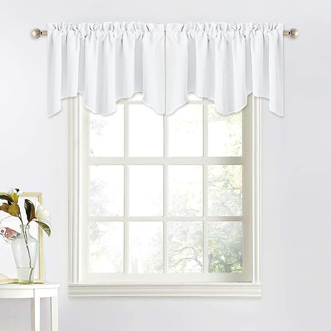 NICETOWN Window Valance for Bedroom, Energy Saving Home Fashion Rod Pocket Scalloped Valance Short Small Window Tiers for Laundry/loft/Department, W 52 x L 18, 2 Pieces, Pure White