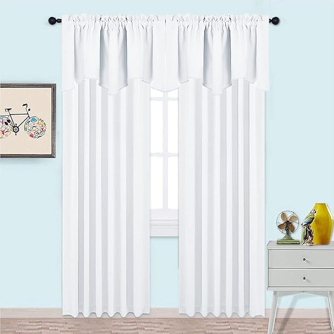 NICETOWN Window Valance for Bedroom, Energy Saving Home Fashion Rod Pocket Scalloped Valance Short Small Window Tiers for Laundry/loft/Department, W 52 x L 18, 2 Pieces, Pure White