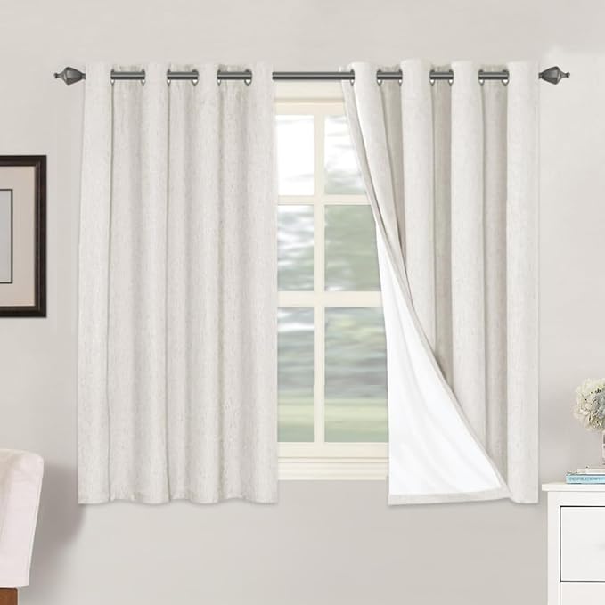 H.VERSAILTEX Primitive Linen Curtains 100% Blackout Curtain Drapes Burlap Fabric Curtains with White Thermal Insulated Liner, Grommet Top Drapes Living Room/Bedroom (2 Panels, 52 x 54 Inch, Ivory)