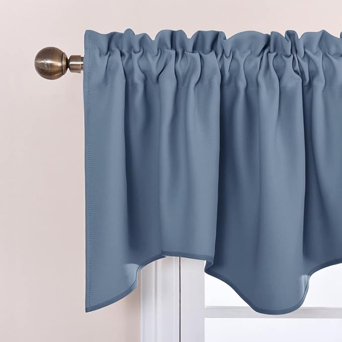 NICETOWN Blackout Curtain Valance - 42 inches by 18 inches Long Scalloped Rod Pocket Thermal Insulated Home Decoration Valance Curtain Panel for Living Room/Bedroom, Stone Blue, 2 Panels