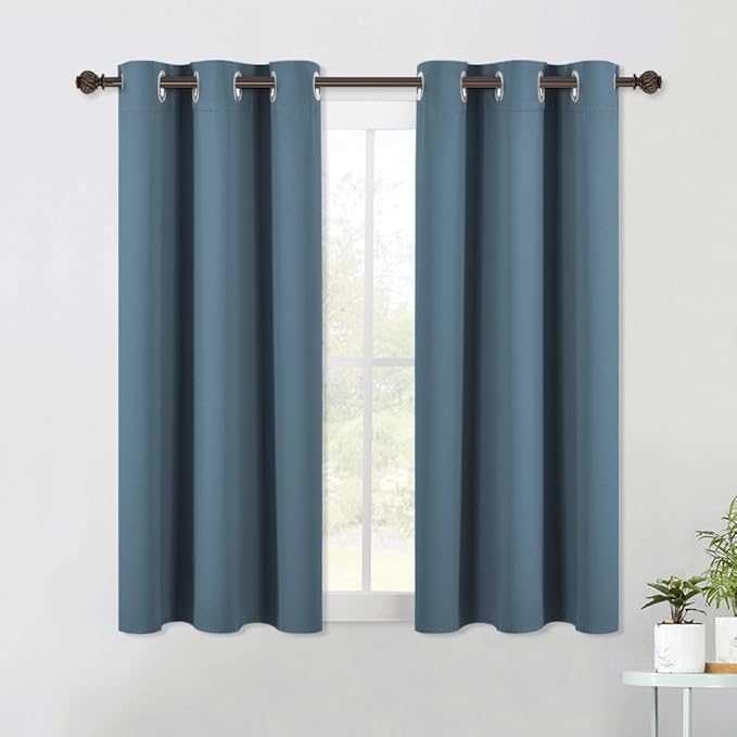 NICETOWN Smoky Blue Blackout Curtain Panels 48 inch Long Set of 2 for Bedroom, Thermal Insulated Grommet Top Light Blocking Draperies and Drapes for Basement (W34)