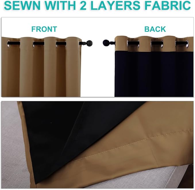NICETOWN 100% Blackout Window Curtain Panels, Gold Brown, 2 Pieces, 42-inch Wide Per Panel, Full Light Blocking Drapes with Black Liner for Nursery, 72-inch Drop Thermal Insulated Draperies