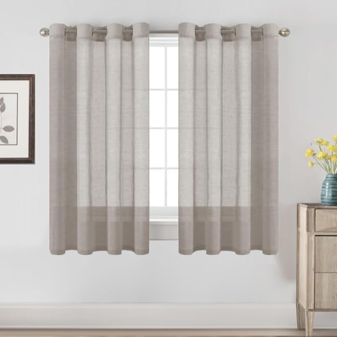 H.VERSAILTEX Linen Curtains Flax Linen Blended Curtain Panels for Living Room/Bedroom Semi Sheer Privacy Curtains 63 inch Length 2 Panels Set Nickel Grommet Window Drapes, Taupe