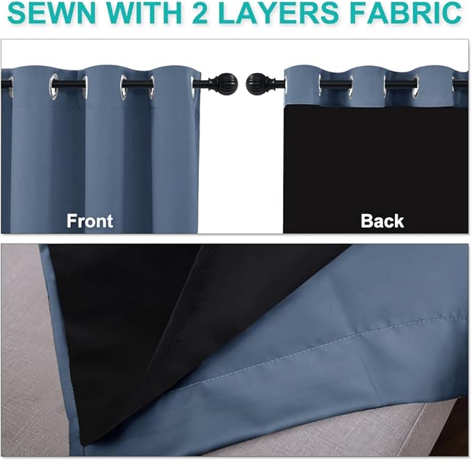 NICETOWN Blackout Curtains 80 inches Long, Full Light Blocking Drapes with Black Liner for Nursery, Thermal Insulated Draperies for Hall, Villa (Stone Blue, 2 Pieces, 42" Wide Each Panel)