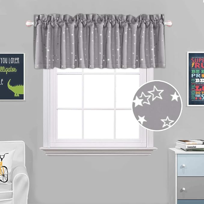 H.VERSAILTEX Blackout Curtain Valances for Kitchen Window/Living Room/Bathroom Privacy Added Rod Pocket Home Decoration Winow Valance, 52" W x 18" L, Glitter Stars in Gray Base (Pack of 4)