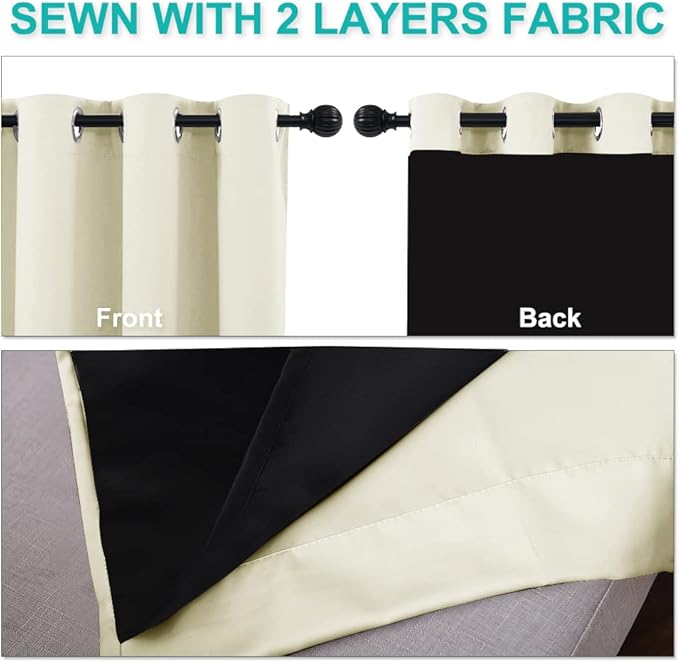 NICETOWN Living Room Completely Shaded Draperies, Privacy Protection & Noise Reducing Ring Top Drapes, Black Lined Insulated Window Treatment Curtain Panels (Beige, 2 Pieces, W37 x L60)