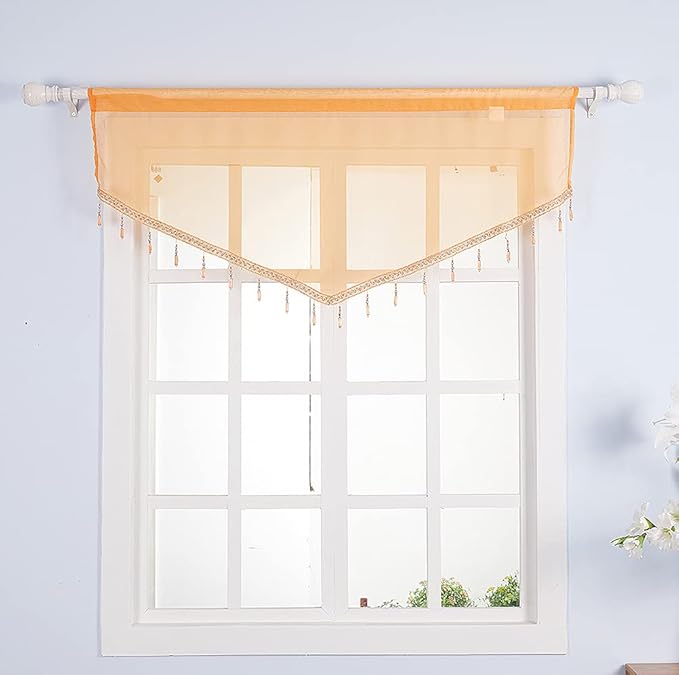 Molaxhome Swag Curtain 51 inch Length Rod Pocket Scalloped Curtain Valance Sheer Lace Panels with Hanging Crystal Beads for Kitchen Bedroom Window Treatments Drape Decor 1pc (Orange, 51Wx23L)