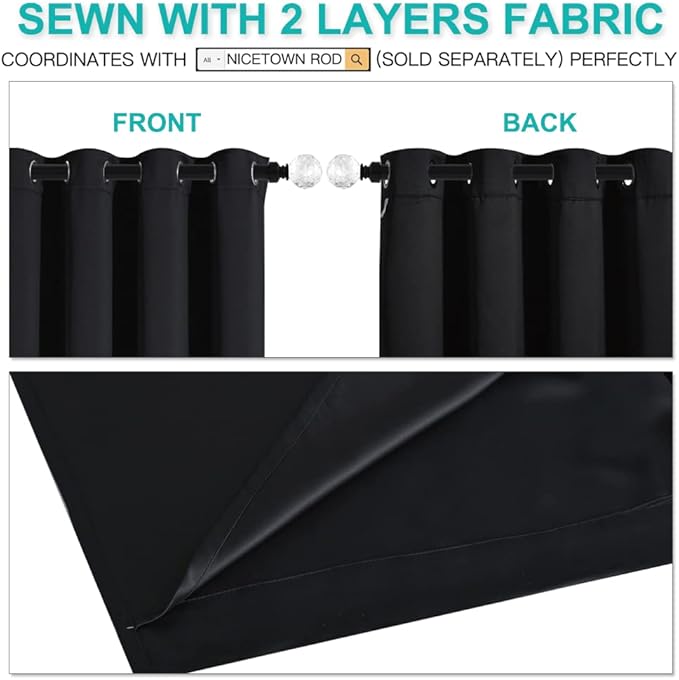 NICETOWN Complete 100% Blackout Curtains, Thermal Insulated & Energy Efficiency Window Draperies with Black Liner, Noise Reducing Short Curtains for Kids Room (Black, 62-inch W by 63-inch L, 2 Panels)