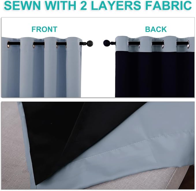 NICETOWN 100% Blackout Curtains for Windows, Pack of 2, 52" W x 108" L, Vintage Blue, Super Heavy-Duty Black Lined Total Darkness Drapes for Bedroom, Privacy Assured Window Treatment for Patio