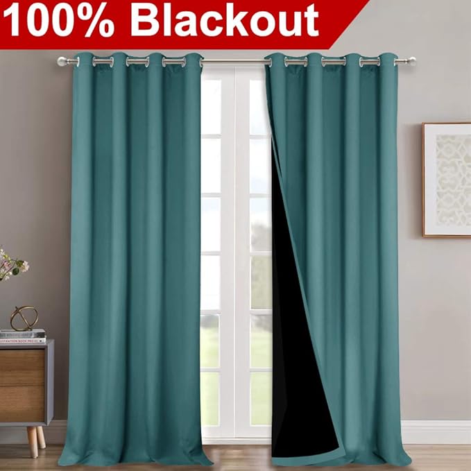 NICETOWN 100% Blackout Blinds, Set of 2, 46" x 96", Sea Teal, Laundry Room Decor Window Treatment Curtains for Large Patio Sliding Door, Thermal Insulated Curtains for Bedroom