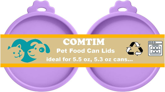 Comtim Cat Food Can Covers Lids for 5.5 oz Cans, 2 Pack Silicone Cat Food Can Lids for 5.5 oz 5.3 oz Cans...Pet Food Can Covers Reusable Can Toppers Savers for Wet Food (Lilac purple)
