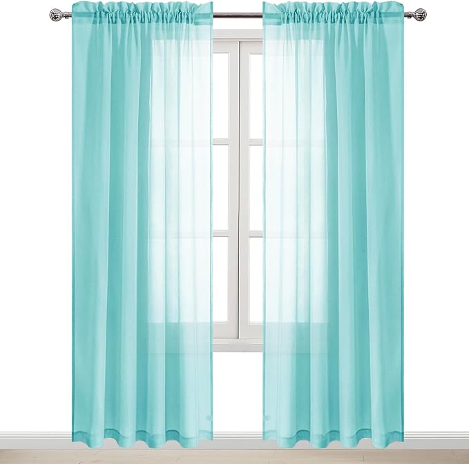 DWCN Aqua Sheer Curtains Semi Transparent Voile Rod Pocket Curtains for Bedroom and Living Room, 52 x 84 inches Long, Set of 2 Panels