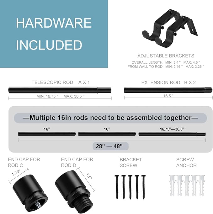 Byondeth Curtain Rods for Windows 16 to 48 or 60 Inches Max 2 Pack Adjustable Length 1 Inch Diameter Window Curtain Rod with Aluminium Finials, Black