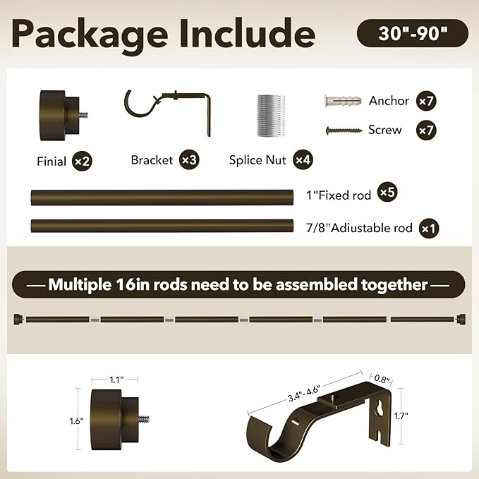 IFELS Heavy Duty Curtain Rods for Windows 48 to 84 Inch, 1 Inch Bronze Window Curtain Rod for Bedroom, Living Room, Outdoor, Adjustable Easy Install Curtains Rods, Modern Elegant(A1,Bronze,30"-90")