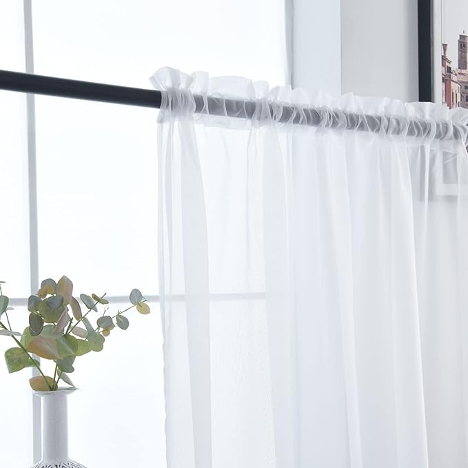 SpaceDresser Basic Rod Pocket Sheer Voile Window Curtain Panels White 1 Pair 2 Panels 42 Width 84 Inch Long for Kitchen Bedroom Children Living Room Yard(White,42 W x 84 L)