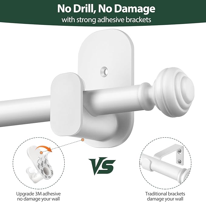 KAMANINA Curtain Rods No Drilling for Windows 32 to 86 Inches, 5/8 Inch No Drill Renter Friendly Curain Rod without Drilling with 3M Adhesive Brackets, White