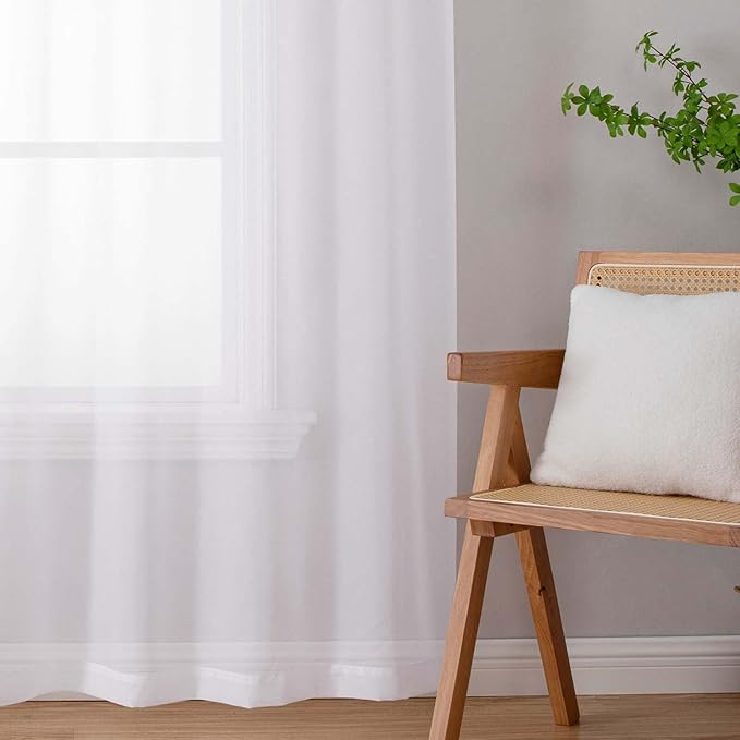 Extra Long Sheer White Curtains for Bedroom Living Room 108 Inches Long 2 Panels Set, Solid Soft Light Filtering Rod Pocket Sheer Window Curtains, White, Each 42" Wx108 L Inch