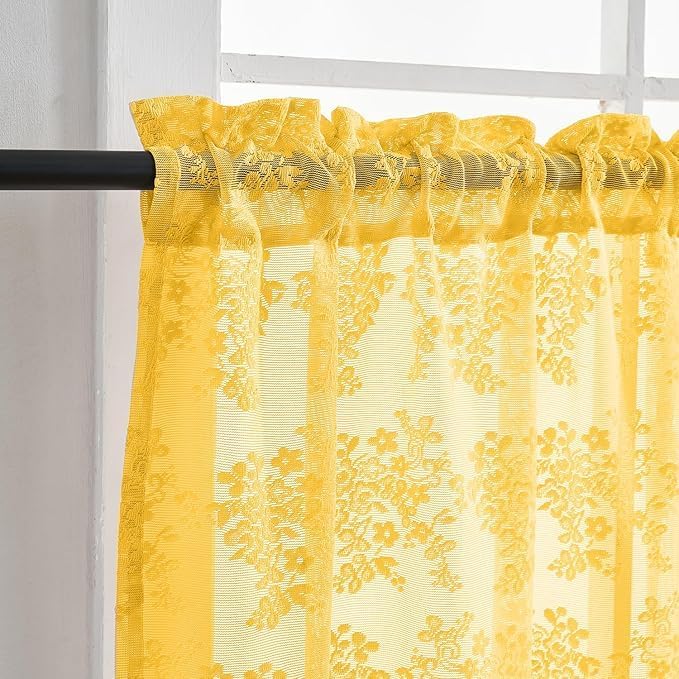 YJ YANJUN Vintage Lace Curtains 24 inch for Small Window 2 Panels Light Filtering Short Mini Cafe Curtains for Bathroom Laundry Room Basement Rod Pocket Width 26 by Length 24 Per Panel Mustard Yellow