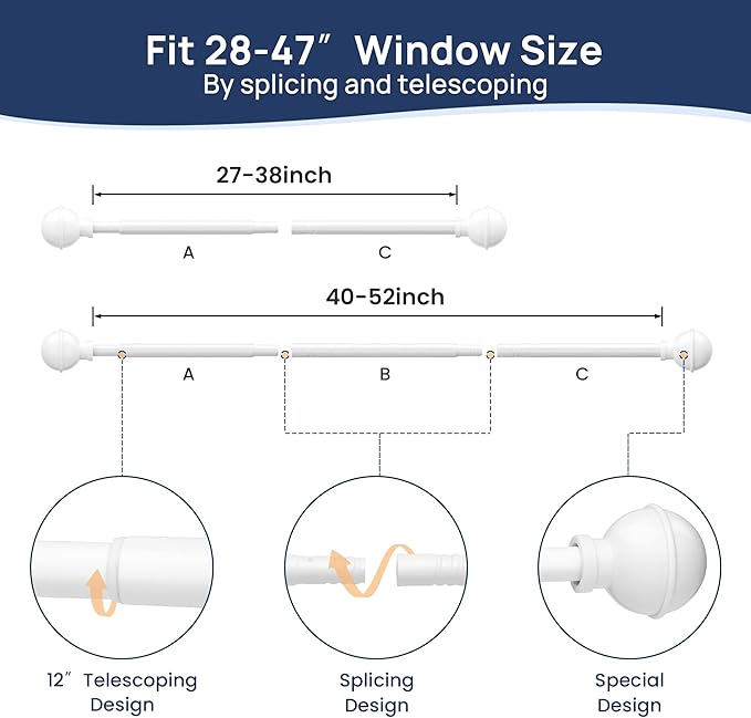 ENJOYBASICS No Drill Curtain Rods for Window 28 to 47 Inches, 5/8 Inch Diameter Renter Friendly Drapery Rod with Adhesive Brackets without Drilling, Adjustable from 27 to 52 Inches, White